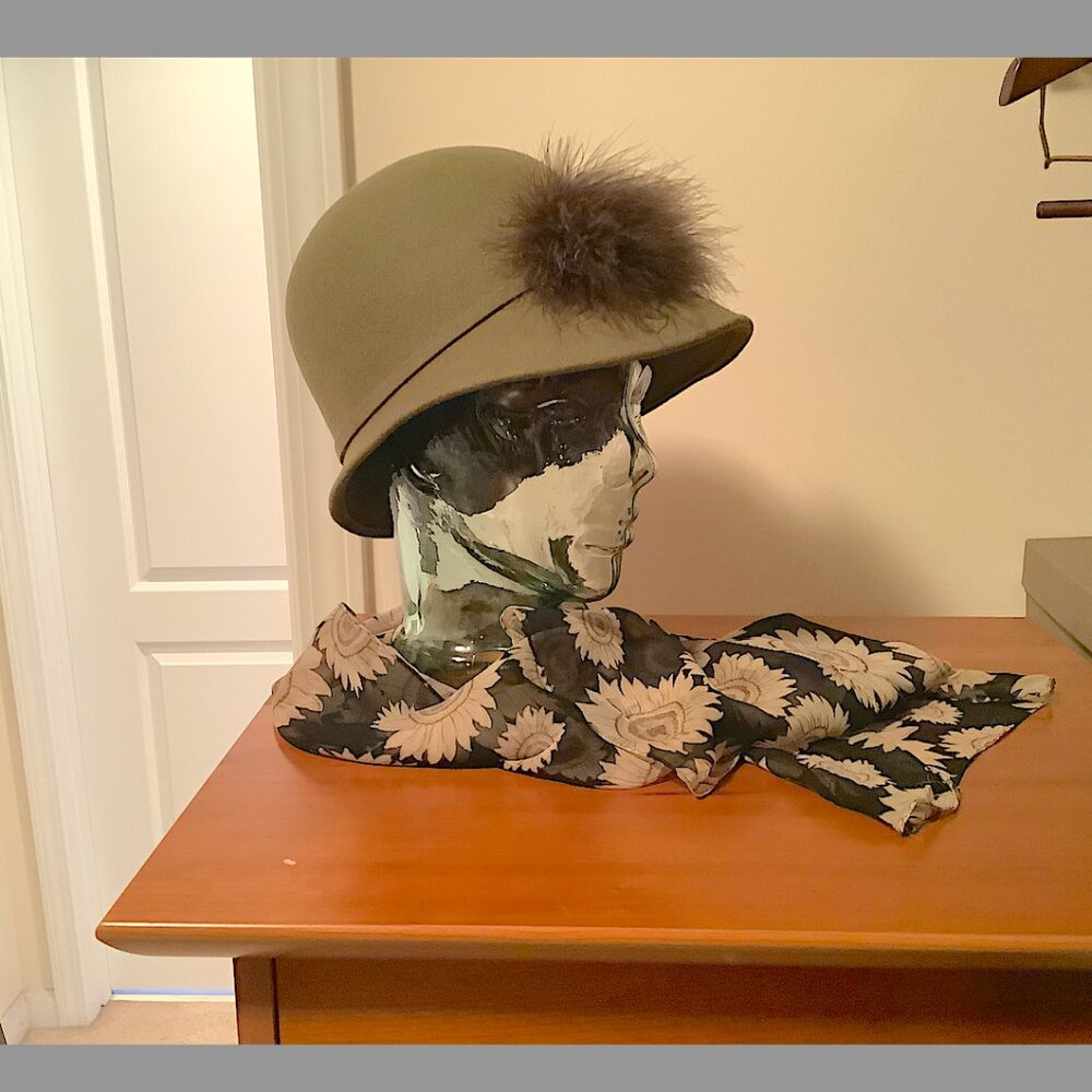 Set: Olive Green wool hat & silk scarf, multi-colored rectangle floral pattern